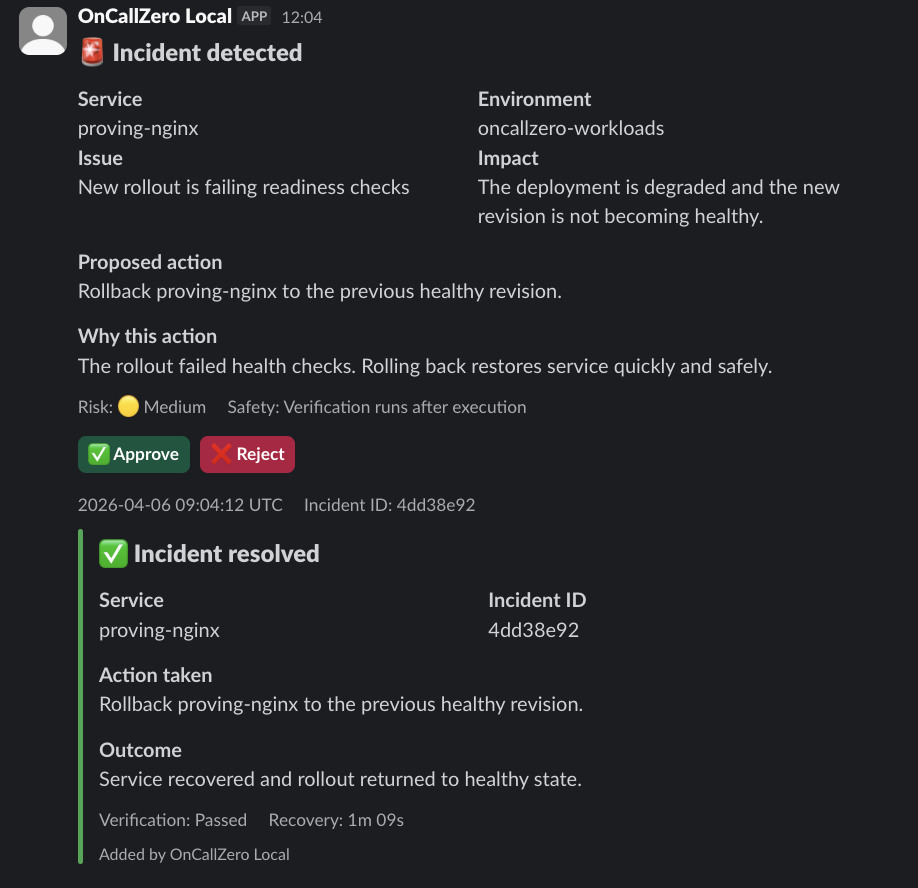 Slack approval record showing proposed rollback, human approval, and verified recovery for the stuck rollout scenario