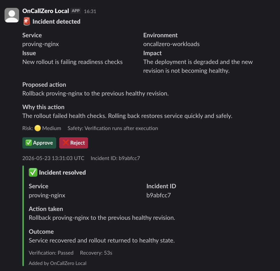 Slack approval card and resolved incident message for the stuck rollout rollback proof run